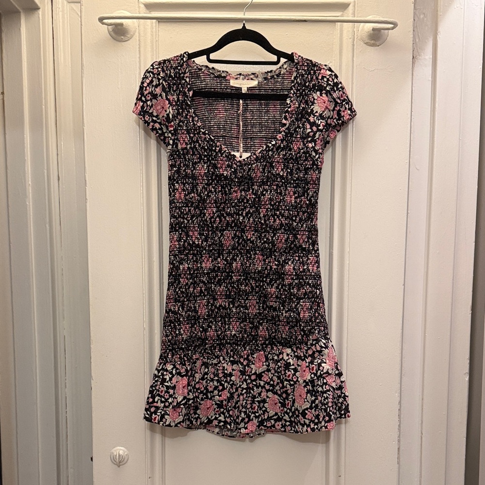 LoveShackFancy Black and Pink Floral Mini Dress